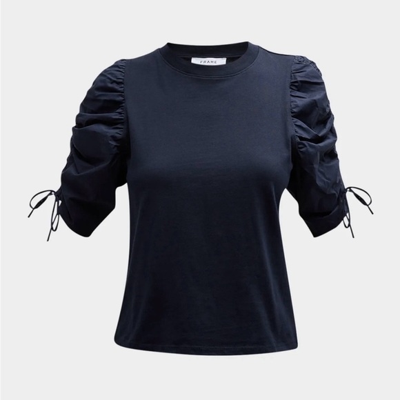 Frame Ruched-Sleeve Tee SZ Small Navy Blue Designer Classic Minimalist EUC - Picture 1 of 8